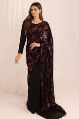 JAZMIN | ELEGANTLY CHIFFON SAREE | FULLY HEAVY MULTI THREAD EMBROIDERED SEQUENCE WORK WITH EMBROIDERED BANCHES & HANGING CRYSTAL TASSELS WORK | UNSTITCHED 3-PIECE SAREE | BLACK