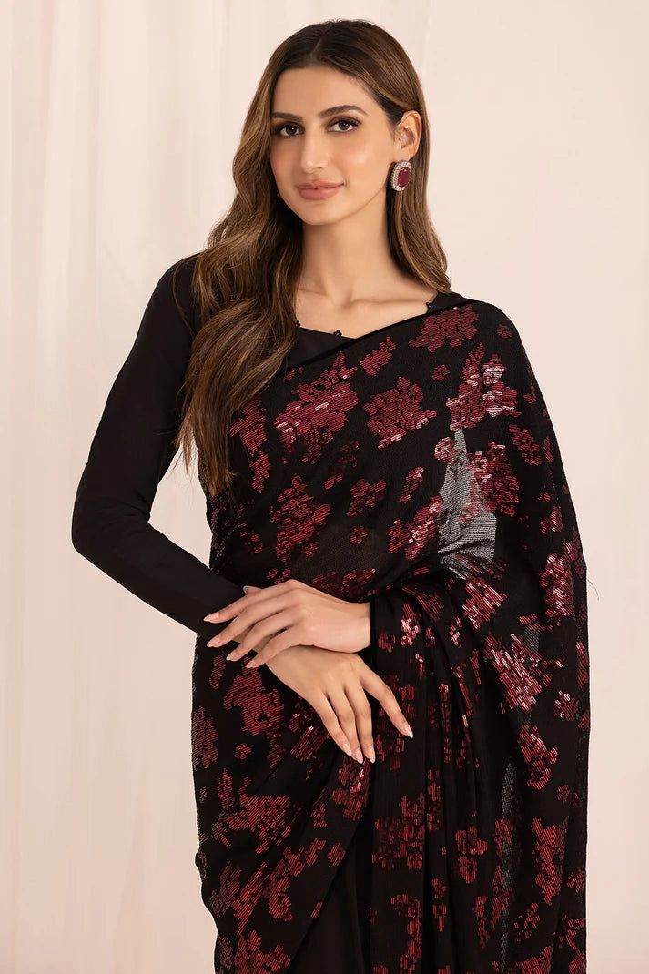 JAZMIN | ELEGANTLY CHIFFON SAREE | FULLY HEAVY MULTI THREAD EMBROIDERED SEQUENCE WORK WITH EMBROIDERED BANCHES & HANGING CRYSTAL TASSELS WORK | UNSTITCHED 3-PIECE SAREE | BLACK