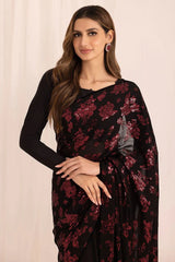 JAZMIN | ELEGANTLY CHIFFON SAREE | FULLY HEAVY MULTI THREAD EMBROIDERED SEQUENCE WORK WITH EMBROIDERED BANCHES & HANGING CRYSTAL TASSELS WORK | UNSTITCHED 3-PIECE SAREE | BLACK