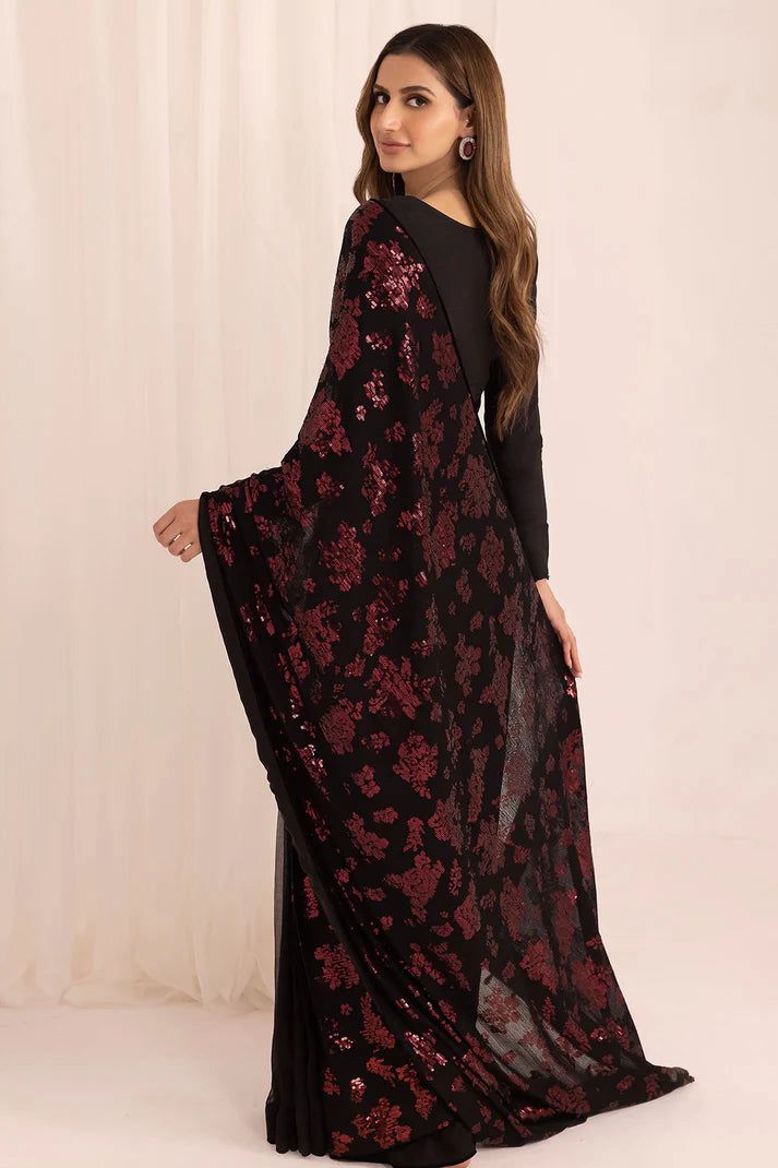 JAZMIN | ELEGANTLY CHIFFON SAREE | FULLY HEAVY MULTI THREAD EMBROIDERED SEQUENCE WORK WITH EMBROIDERED BANCHES & HANGING CRYSTAL TASSELS WORK | UNSTITCHED 3-PIECE SAREE | BLACK