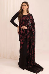 JAZMIN | ELEGANTLY CHIFFON SAREE | FULLY HEAVY MULTI THREAD EMBROIDERED SEQUENCE WORK WITH EMBROIDERED BANCHES & HANGING CRYSTAL TASSELS WORK | UNSTITCHED 3-PIECE SAREE | BLACK