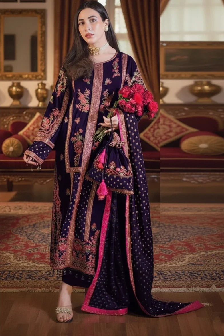 OCEANS BY ANEELAS | ELEGANTLY VELVET DRESS | FULLY HEAVY MULTI THREAD EMBROIDERED SEQUENCE WORK WITH HANGING TASSELS WORK | UNSTITCHED 3-PIECE SUIT | PURPLE