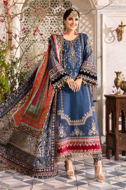 MARIA.B - EMBROIDERED -  MIDNIGHT BLUE PURE CHIFFON WITH DIGITAL PRINTED SILK DUPPATA - UNSTITCHED 3-PIECE SUIT (BD-2407)