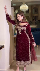 ANEELAS | IDEAL FOR SPECIAL OCCASIONS, ENSURING YOU STAND OUT GRACEFULLY | FULLY HEAVY THREAD EMBROIDERED SEQUENCE WORK WITH HAND EMBELLISHMENT EMBROIDERED VELVET SHIRT | UNSTITCHED 3-PIECE SUIT | MAROON