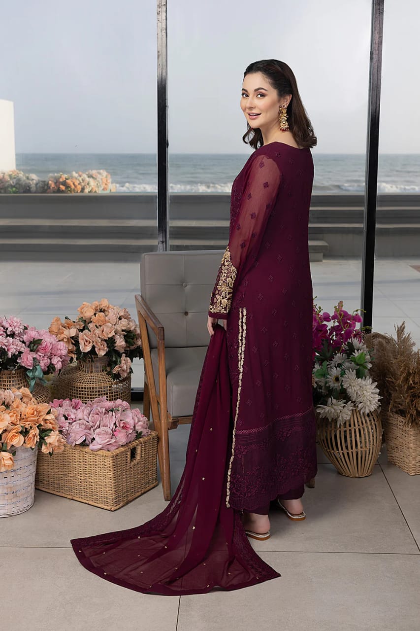 AZURE MAROON EMBROIDERED CHIFFON COLLECTION UNSTITCHED 3 PIECE SEQUINCE EMBROIDERED CHIFFON CARNELIAN