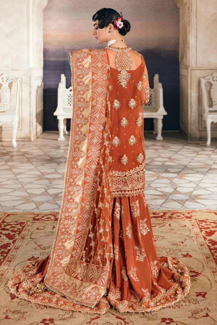 AFROZEH | EXCLUSIVE WEAR | ELEGANTLY GHARARA | PREMIUM HAND EMBELLISHMENT FULLY HEAVY EMBROIDERED WORK NET SHIRT | UNSTITCHED 3-PIECE GHARARA