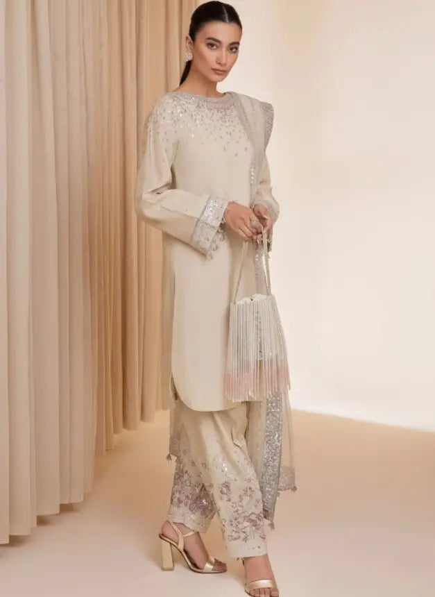 JAZMIN | LUXURY CREAMY RAW SILK DRESS | HEAVY THREAD EMBROIDERED SEQUENCE WORK WITH HANGING CRYSTAL TASSELS WORK & EMBROIDERED SEQUENCE WORK IN CLUTCH | UNSTITCHED 3-PIECE SUIT