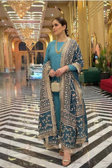 SHANZAYOUTFIT OFFERS BOTH ELEGANCE AND COMFORT FOR SPECIAL OCCASIONS | BEAUTIFULLY HEAVY HAND EMBELLISHMENT EMBROIDERED WORK INCLUDING TASSELS LACES RUSSIAN SILK DUPATTA & SHAMOSE SILK SHIRT | UNSTITCHED 3-PIECE SUIT | SKY BLUE