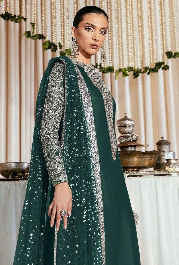 HUSSAIN REHAR - LUXURY RAW SILK WITH HAND EMBELLISHED WORK - EMBROIDERED UNSTITCHED 3-PIECE SUIT | ZINC GREEN