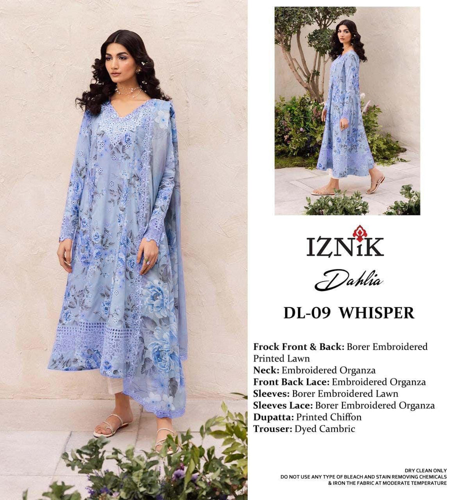DAHLIA BY IZNIK | LUXURY DIGITAL PRINTED WITH CHICKENKARI EMBROIDERED LAWN - UNSTITCHED 3-PIECE SUIT |LIGHT BLUE | DL-09