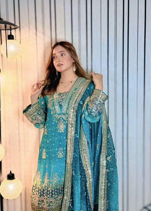 BAROQUE | ELEGANTLY ARTICLE | FULLY HEAVY MULTI THREAD EMBROIDERED SEQUENCE WORK WITH HANGING TASSELS & BANCHES | CHIFFON DRESS | UNSTITCHED 3-PIECE SUIT