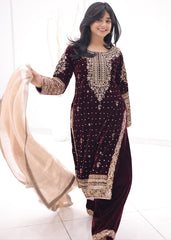 ZAREESHA BY HASEENS | AN EMBROIDERY WHOSE DEFINITION IS SELF-EXPLANATORY | FULLY HEAVY HAND EMBELLISHMENT EMBROIDERED SEQUENCE WORK VELVET SHIRT | UNSTITCHED 3-PIECE SUIT | MAROON