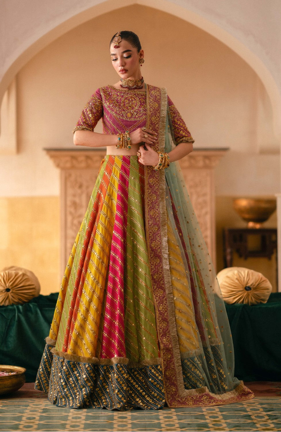 SITARA BEGUM BY MARYUM N MARIA | THE RICH EMBROIDERY ON THE RAW SILK BLOUSE AND LEHENGA CONTRASTS BEAUTIFULLY WITH THE BOLD | UNSTITCHED 3-PIECE SUIT | MS40064