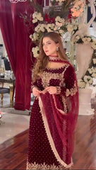 ANEELAS | IDEAL FOR SPECIAL OCCASIONS, ENSURING YOU STAND OUT GRACEFULLY | FULLY HEAVY THREAD EMBROIDERED SEQUENCE WORK WITH HAND EMBELLISHMENT EMBROIDERED VELVET SHIRT | UNSTITCHED 3-PIECE SUIT | MAROON