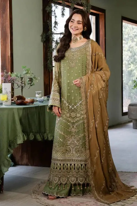 NAINA BY IMROZIA | EXCLUSIVE WEAR | PREMIUM HAND EMBELLISHMENT EMBROIDERED WORK WITH HANGING TASSELS WORK & ATTACHED STONE WORK, PEARL'S WORK NET SHIRT | UNSTITCHED 3-PIECE SUIT |-191 AABIA