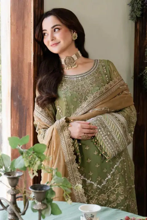 NAINA BY IMROZIA | EXCLUSIVE WEAR | PREMIUM HAND EMBELLISHMENT EMBROIDERED WORK WITH HANGING TASSELS WORK & ATTACHED STONE WORK, PEARL'S WORK NET SHIRT | UNSTITCHED 3-PIECE SUIT |-191 AABIA
