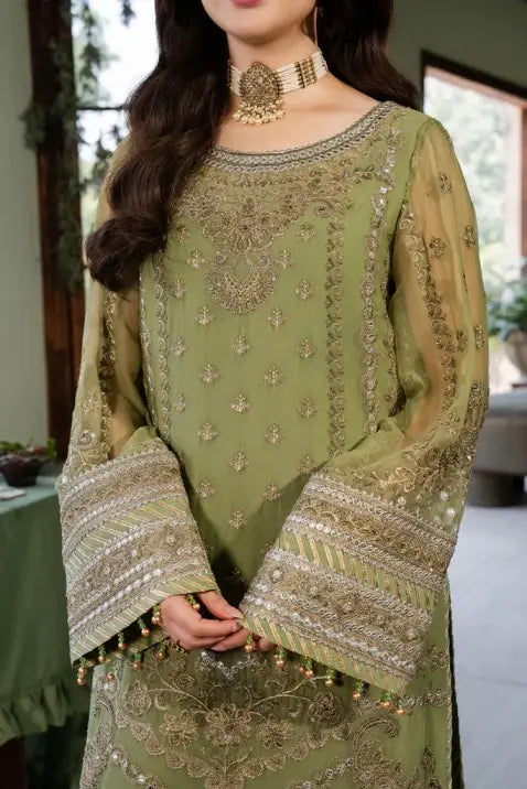 NAINA BY IMROZIA | EXCLUSIVE WEAR | PREMIUM HAND EMBELLISHMENT EMBROIDERED WORK WITH HANGING TASSELS WORK & ATTACHED STONE WORK, PEARL'S WORK NET SHIRT | UNSTITCHED 3-PIECE SUIT |-191 AABIA