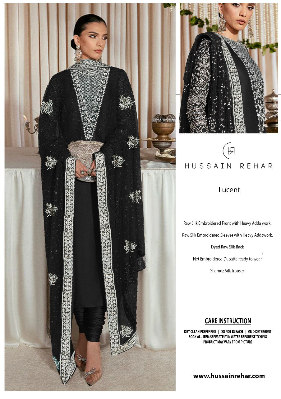 HUSSAIN REHAR - LUXURY INDIAN RAW SILK WITH HEAVY HAND EMBELLISHED EMBROIDERED WORK  | UNSTITCHED 3-PIECE SUIT | BLACK
