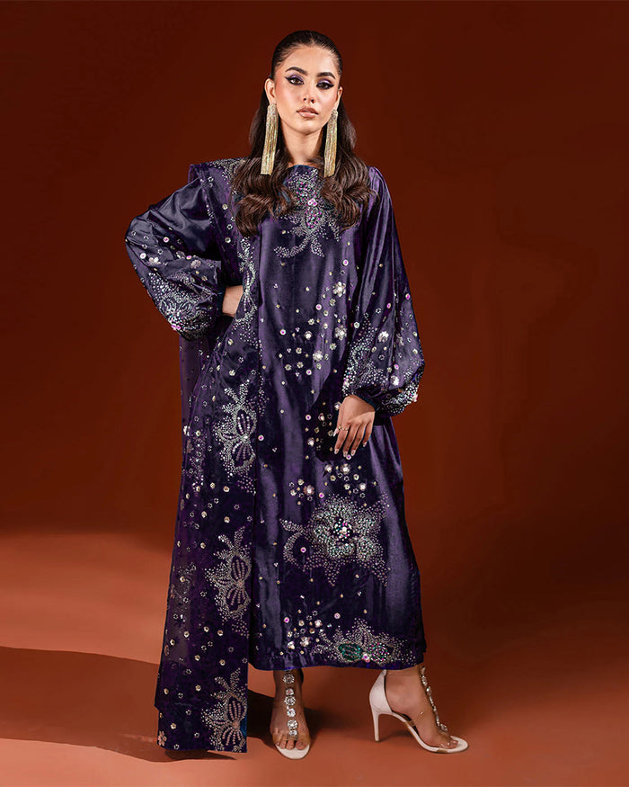 NUREH | HANDMADE WORK WITH HEAVY EMBROIDERED UNSTITCHED RAW SILK COLLECTION | DEEPLY PURPLE