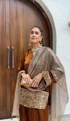 SHANZAYOUTFIT | BEAUTIFULLY KIRAN LACES ATTACHED & 9MM SEQUENCE WORK SHAMOSE SILK DRESS | UNSTITCHED 3-PIECE SUIT | BROWN