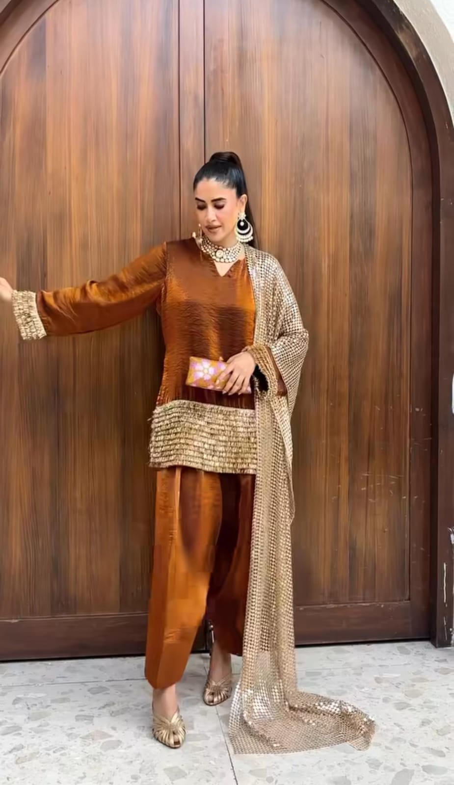 SHANZAYOUTFIT | BEAUTIFULLY KIRAN LACES ATTACHED & 9MM SEQUENCE WORK SHAMOSE SILK DRESS | UNSTITCHED 3-PIECE SUIT | BROWN