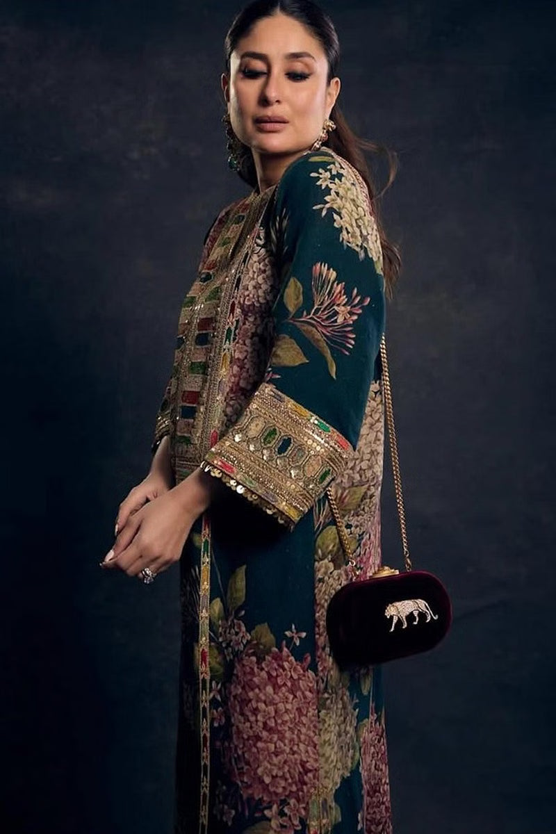 SABYASACHI | BEAUTIFULLY MULTI DIGITAL PRINTED SILK DRESS WITH FULLY HEAVY MULTI THREAD EMBROIDERED SEQUENCE WORK| UNSTITCHED 3-PIECE SUIT | ZIN BLUE