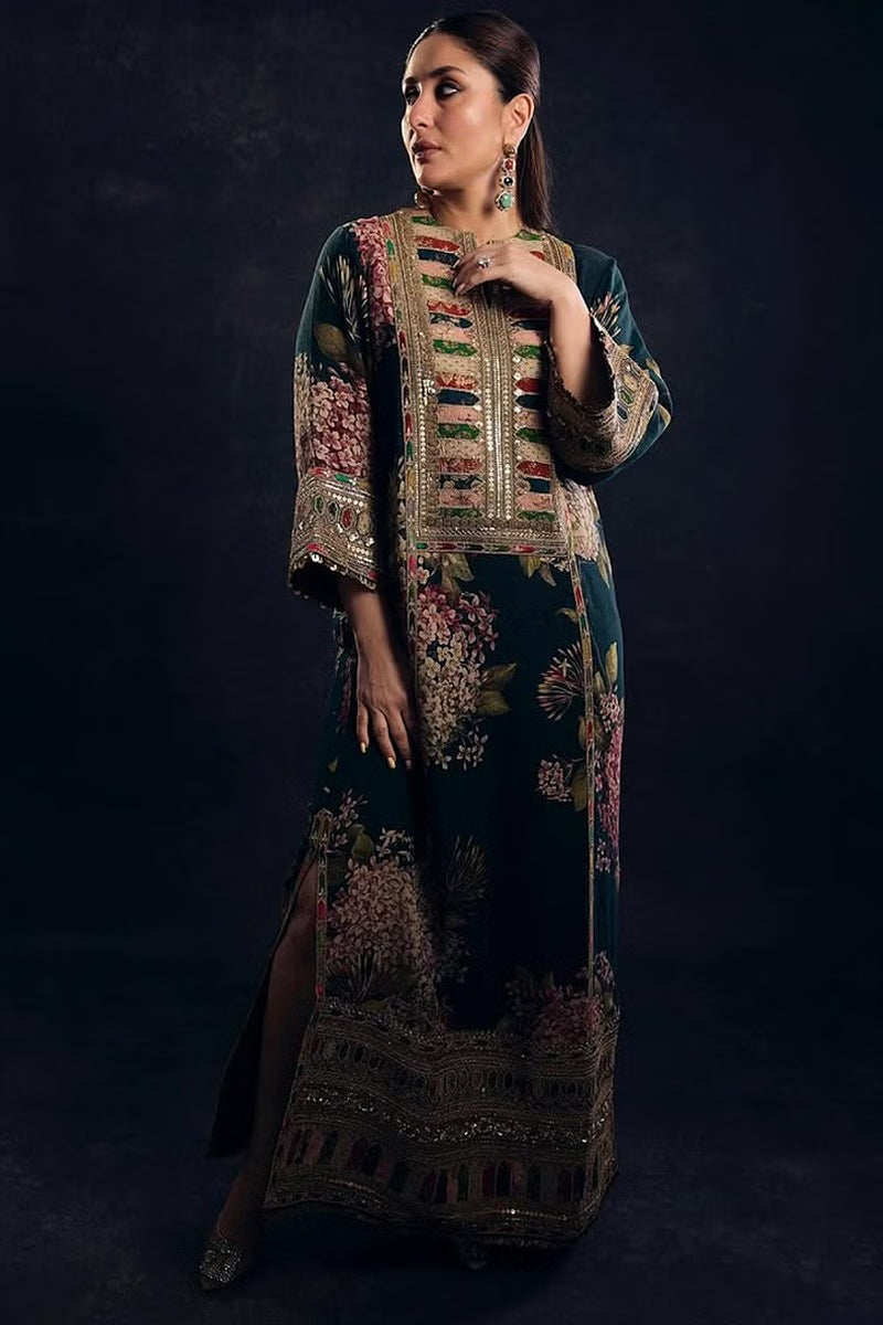 SABYASACHI | BEAUTIFULLY MULTI DIGITAL PRINTED SILK DRESS WITH FULLY HEAVY MULTI THREAD EMBROIDERED SEQUENCE WORK| UNSTITCHED 3-PIECE SUIT | ZIN BLUE