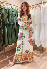 SABYASACHI | ELEGANTLY FLOWER'S MULTI DIGITAL PRINTED SILK DRESS WITH FULLY HEAVY MULTI THREAD EMBROIDERED SEQUENCE WORK| UNSTITCHED 3-PIECE SUIT | WHITE