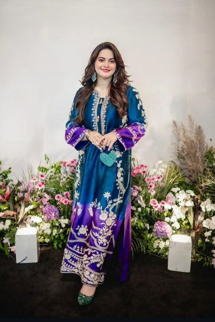 AIMAN KHAN BY SHANZAYOUTFIT | WHICH IS BEAUTIFULLY CRAFTED IN A MULTI-DIGITAL PRINTED SILK DRESS IN TWO-COLOURS CONTRAST | UNSTITCHED TWO PIECE SUIT