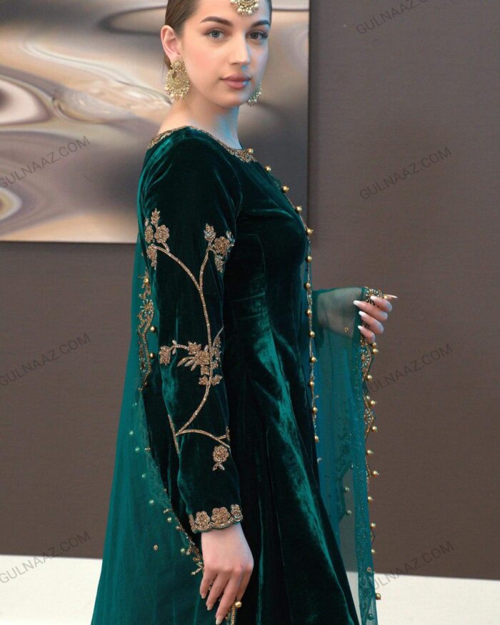 Gulnaaz Green Velvet Anarkali Dress Replica